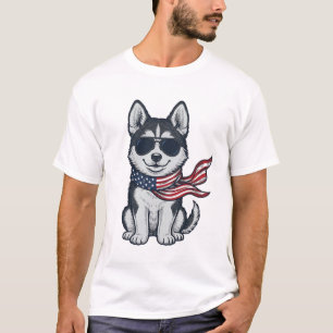 Ouderwetse Patriottische Husky Puppy Vector Design T-shirt