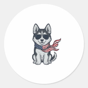 Ouderwetse Patriottische Husky Puppy Vector Ontwer Ronde Sticker