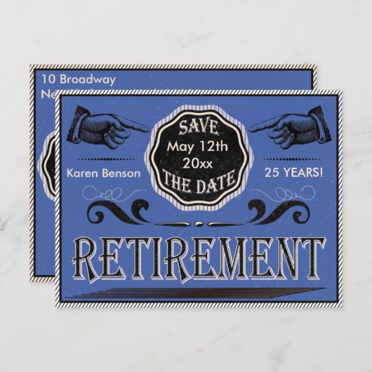 Ouderwetse pensionering Save the date - Blauw Aankondigingskaart (Voorkant / Achterkant)