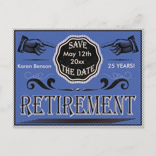 Ouderwetse pensionering Save the date - Blauw Aankondigingskaart (Voorkant)
