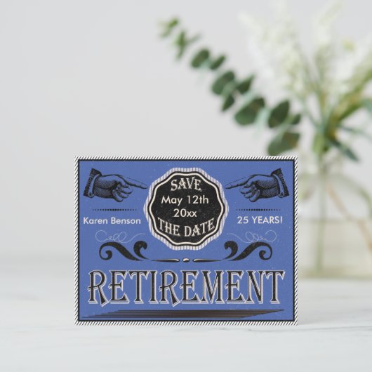 Ouderwetse pensionering Save the date - Blauw Aankondigingskaart (Staand voorkant)