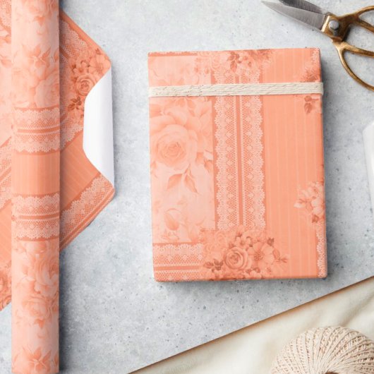 Ouderwetse perzik kant vervaagde rozen cadeaupapier