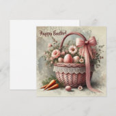 Ouderwetse rieten mand met pastelkleuren eieren en feestdagenkaart (Voorkant / Achterkant)