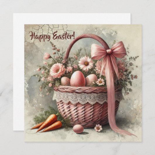 Ouderwetse rieten mand met pastelkleuren eieren en feestdagenkaart (Voorkant / Achterkant)