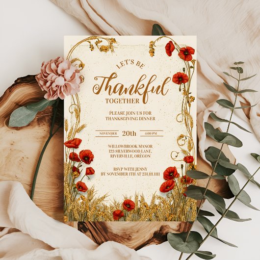 Ouderwetse Rode Bloemige Thanksgiving-viering Kaart