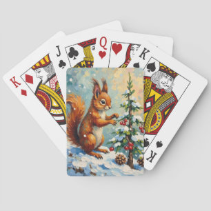 Ouderwetse Rode Eekhoorn Dennenboom Kerstmis Pokerkaarten