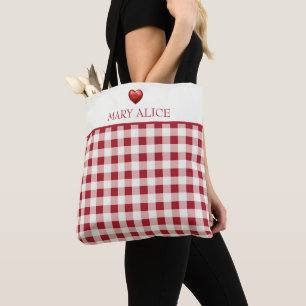Ouderwetse rode en crème gingham met hartje tote bag