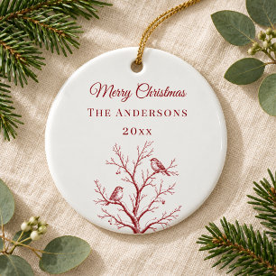 Ouderwetse rode kerst toile boom vogels winter keramisch ornament