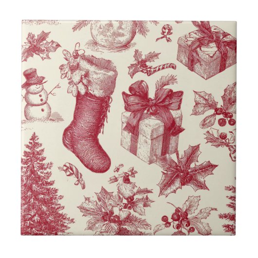 Ouderwetse rode toile kerstpatroon met kerstsokken tegeltje (Voorkant)