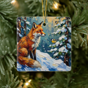Ouderwetse rode vos en mezen kerstschilderij keramisch ornament