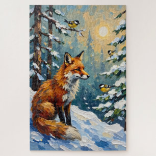 Ouderwetse rode vos en mezen kerstschilderij legpuzzel
