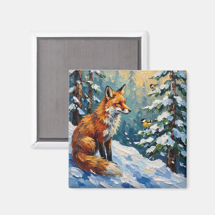 Ouderwetse rode vos en mezen kerstschilderij magneet
