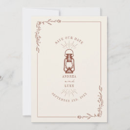 Ouderwetse roestige lantaarn terracotta bruiloft save the date