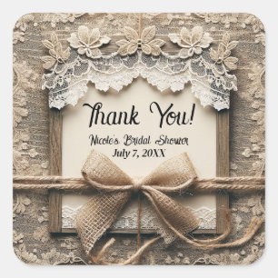 Ouderwetse Romantische Bloem Lace Jute Bruiloft Br Vierkante Sticker