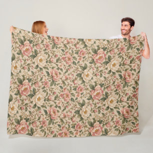 Ouderwetse romantische pioen- en rozentuinpatroon fleece deken