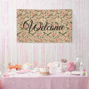 Ouderwetse Romantische Pioen & Rozen Tuin Patroon Spandoek