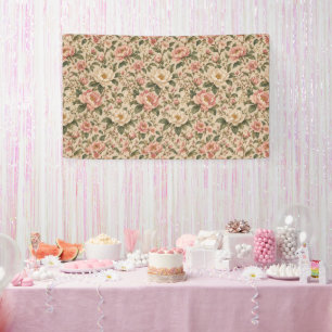 Ouderwetse Romantische Pioen & Rozen Tuin Patroon Spandoek