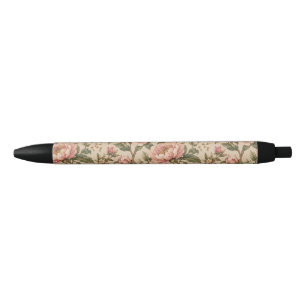 Ouderwetse Romantische Pioen & Rozen Tuin Patroon Zwarte Inkt Pen