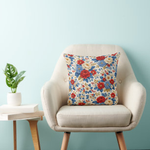 Ouderwetse Rood Blauwe Bloemmotief Folk Patroon Kussen