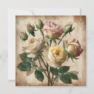 Ouderwetse roomkleurige en roze rozenboeket kaart