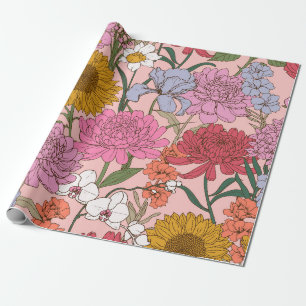 Ouderwetse Roze Bloementuin Aquarel Botanisch Moti Cadeaupapier