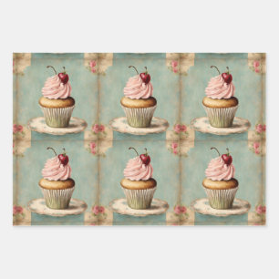 Ouderwetse Roze Franse Cupcake Verjaardags Theepar Inpakpapier Vel