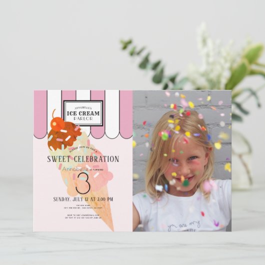 Ouderwetse roze ijssalon foto verjaardag kaart (Staand voorkant)