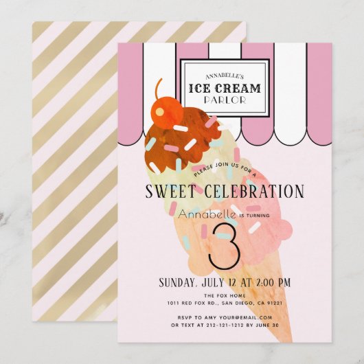 Ouderwetse roze ijssalon verjaardag kaart (Voorkant / Achterkant)