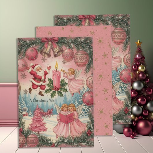 Ouderwetse Roze Kerstscène Inpakpapier Vel