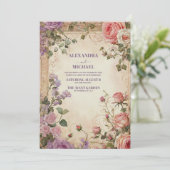 Ouderwetse Roze Paarse Rozen Bloem Bruiloft Kaart (Staand voorkant)