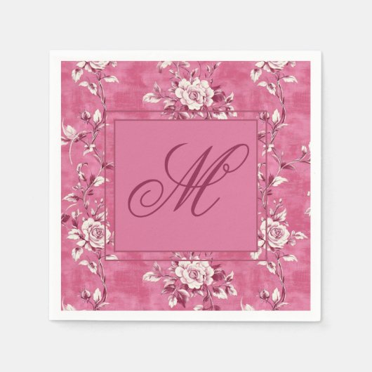 Ouderwetse roze roos bloemig monogram servet (Voorkant)