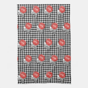 Ouderwetse roze rozen en houndstooth patroon theedoek