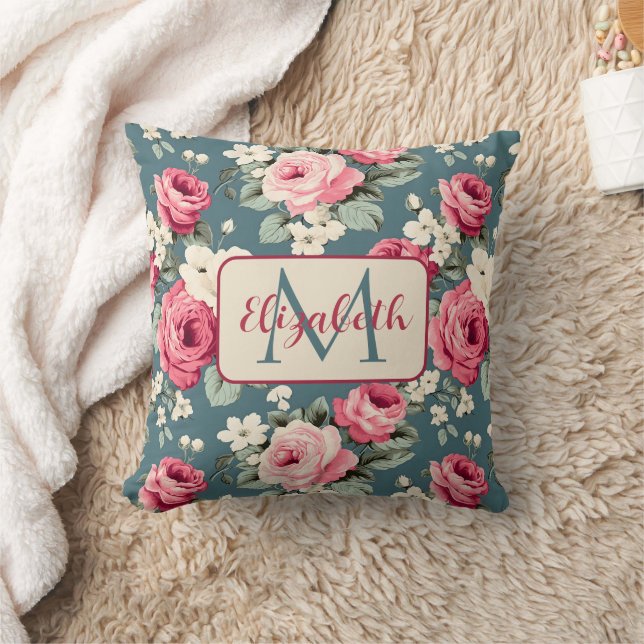 Ouderwetse roze rozen op diepblauw monogram kussen (Deken)