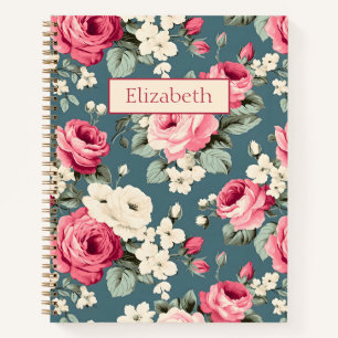 Ouderwetse Roze Rozen op Diepblauw Notitieboek