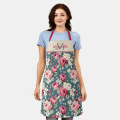 Ouderwetse Roze Rozen op Diepblauwe Monogram Schort (Gedragen)
