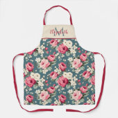 Ouderwetse Roze Rozen op Diepblauwe Monogram Schort (Voorkant)