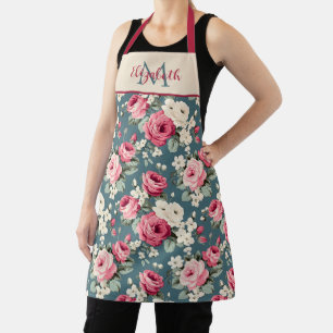 Ouderwetse Roze Rozen op Diepblauwe Monogram Schort