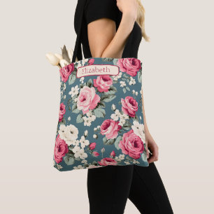 Ouderwetse Roze Rozen op Diepblauwe Persoonlijke Tote Bag
