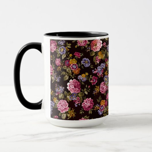Ouderwetse Roze Rozen op Zwart Mok (Links)