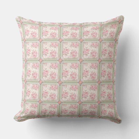 Ouderwetse Roze Rozen Patchwork Kussen (Voorkant)