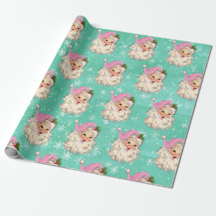 Ouderwetse Roze Waterverf Kerstman Retro   Cadeaupapier