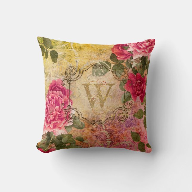 Ouderwetse Rozen Roze Bloemendamask Monogram Kussen (Voorkant)