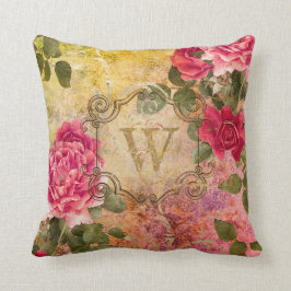 Ouderwetse Rozen Roze Bloemendamask Monogram Kussen