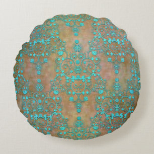 Ouderwetse Rustieke Damast Turquoise en Bruin Rond Kussen