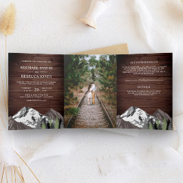 Ouderwetse Rustieke Houten Bergbos Foto Bruiloft Drieluik Uitnodiging
