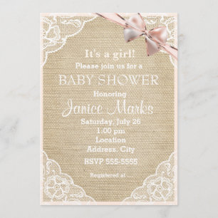 Ouderwetse Rustieke Jute Kant Baby Shower Uitnodig Kaart