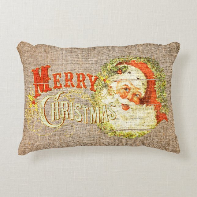 Ouderwetse Rustieke Prettig Kerstmis Vintage Jute Accent Kussen (Voorkant)