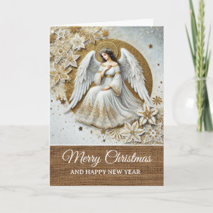 Ouderwetse Rustieke Witte en Gouden Engel Kerst  Kaart