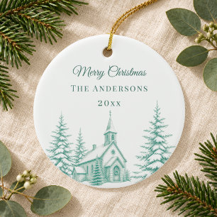 Ouderwetse saliegroene kerst toile kerk winter keramisch ornament