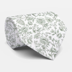 Ouderwetse saliegroene Toile-De-Jouy waterverf blo Stropdas
